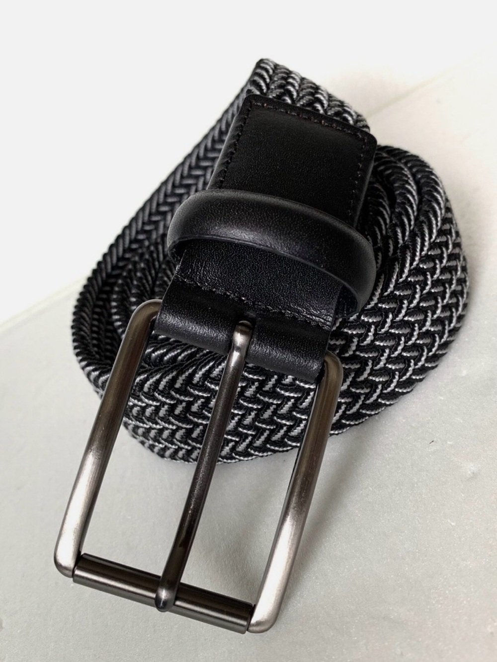 Men's Braided Elastic Stretch Belt - Black & Gray Woven - Size L (38-40)